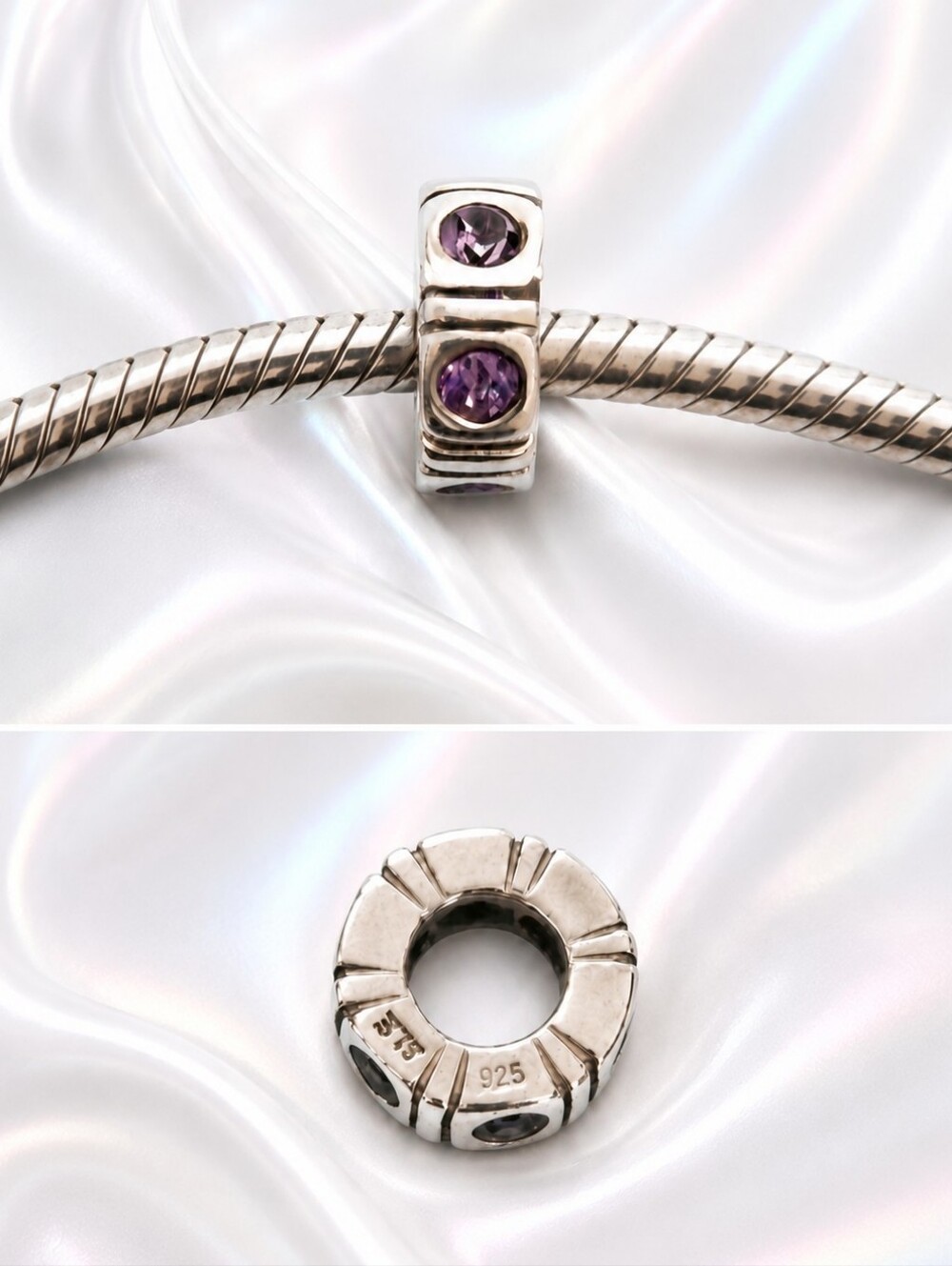 Authentic Vintage Sterling Silver Spacer Charm with Purple CZ crystal